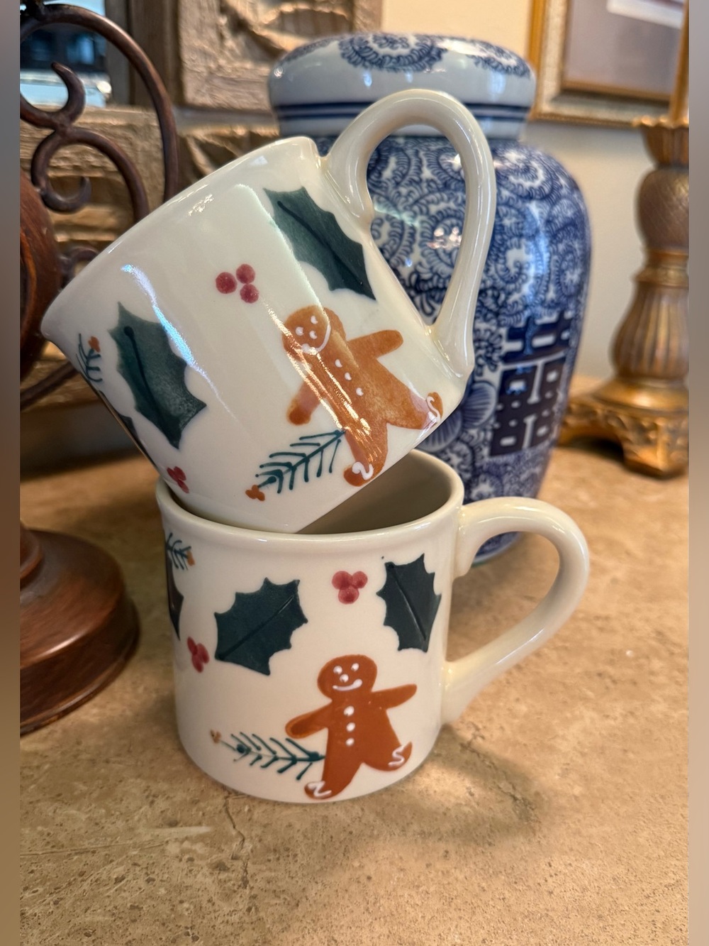 Vintage Hartstone USA Gingerbread & Holly Christmas Mugs - Set of 2